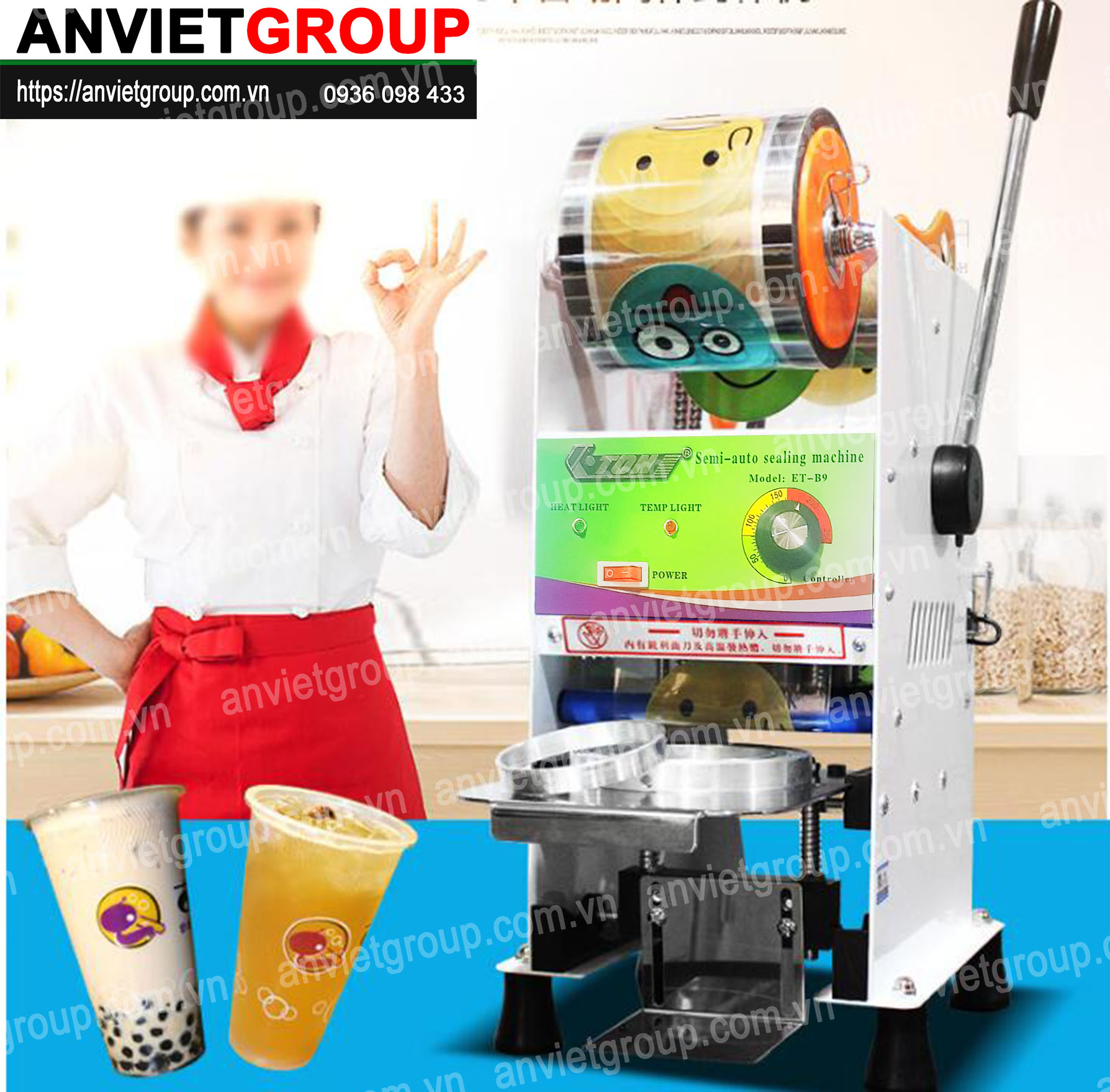 Máy dán ép dập đậy nắp miệng ly cốc bán bán tự động cuộn màng Eton B9 Máy dán ép dập đậy nắp miệng ly cốc bán bán tự động cuộn màng Eton B9